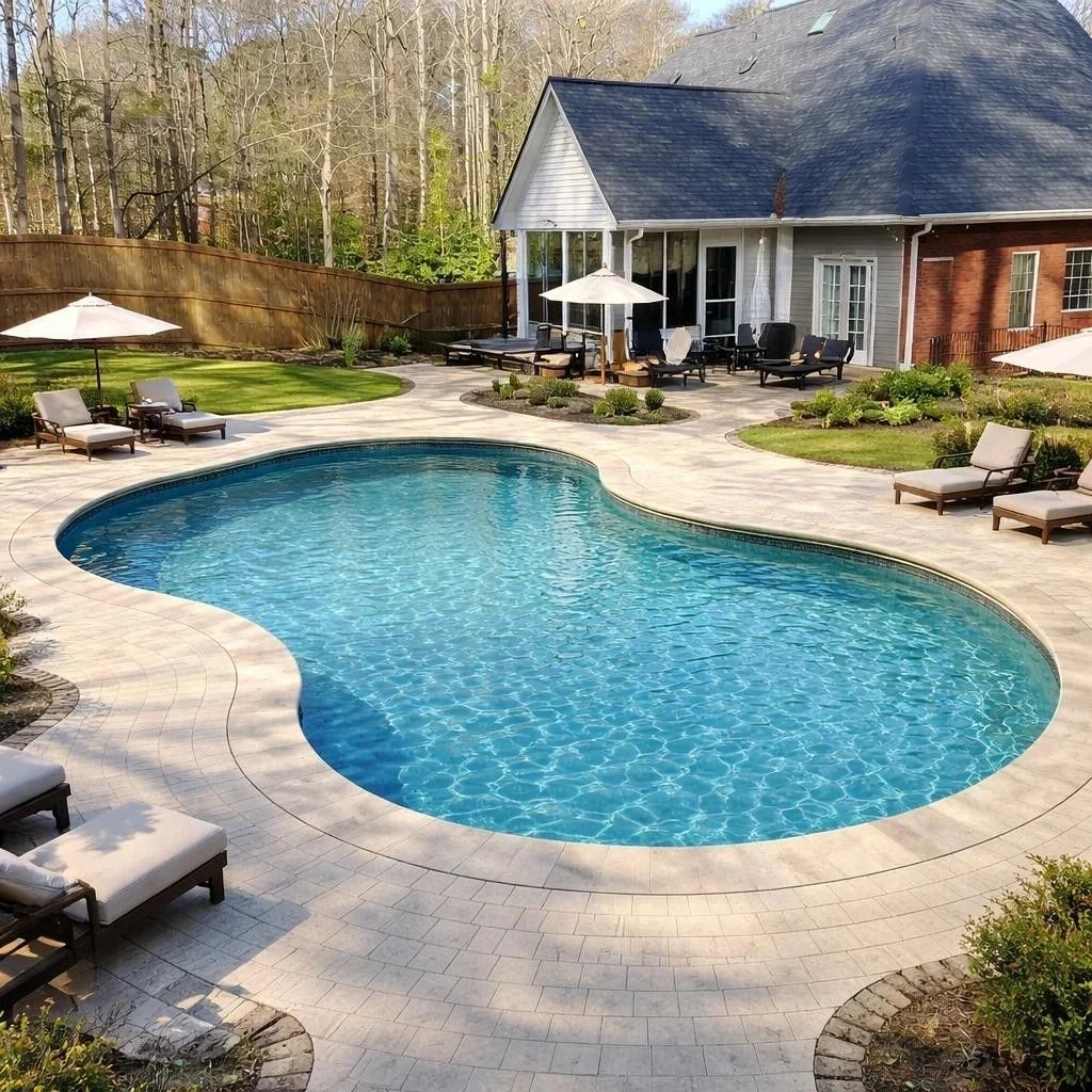 Outdoor Oasis curved pool and surrounding outdoor living space