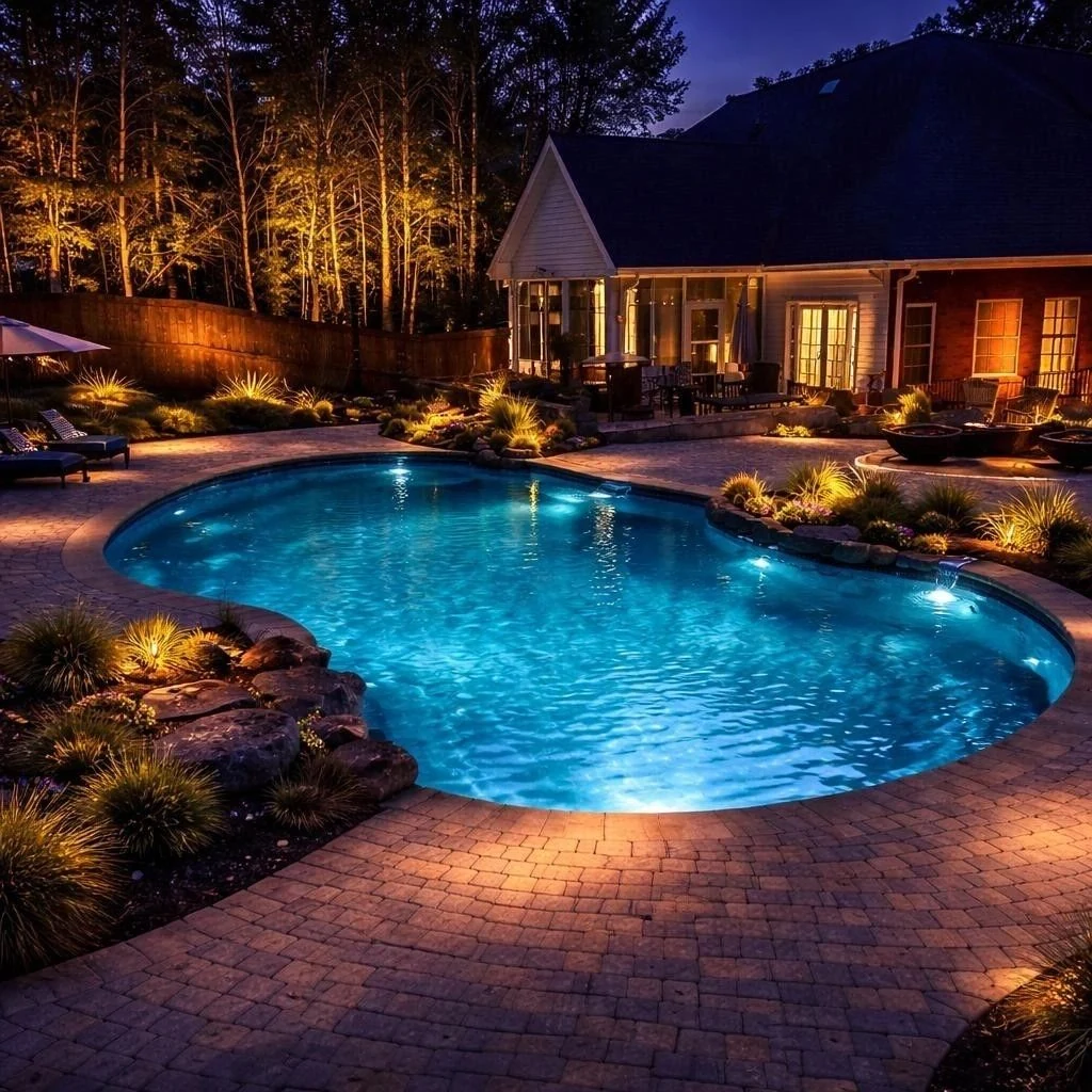Outdoor Oasis pool glowing at dusk